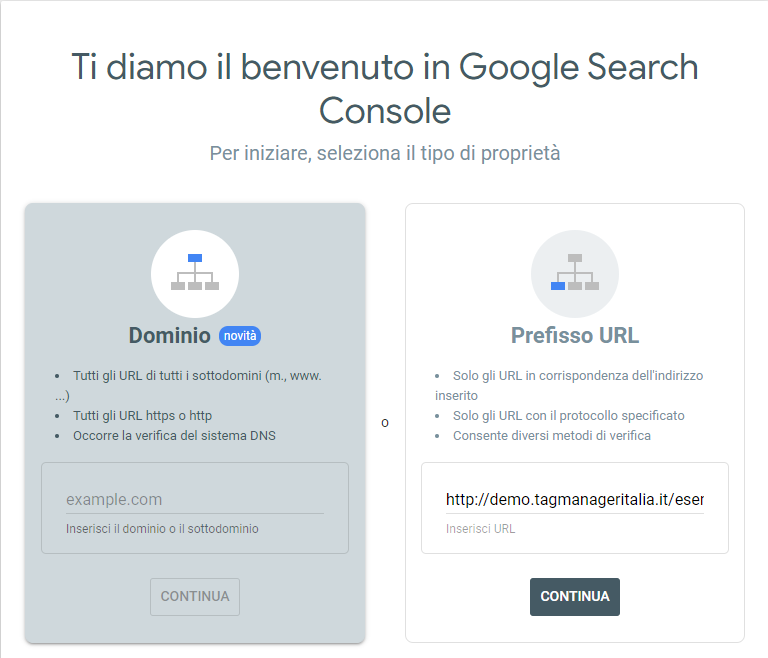 GOOGLE SEARCH CONSOLE PROPRIETA' - VERIFICA