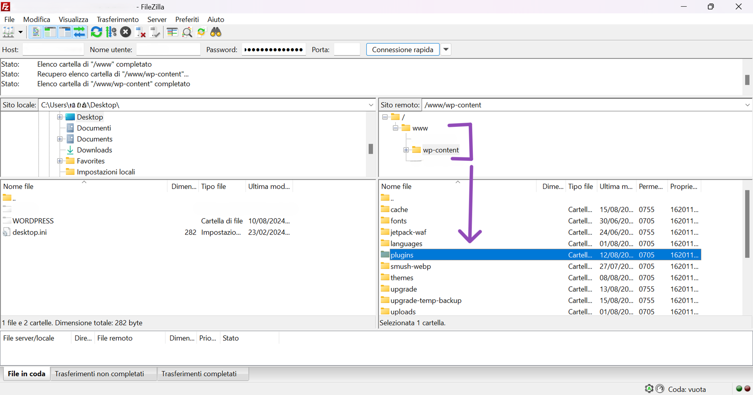 wordpress filezilla modalità rispristino